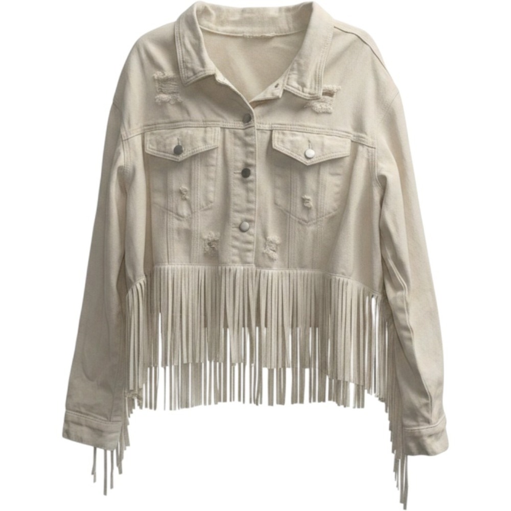 Berry Cream Womens Cream Distressed Fringe Denim Western Jacket Large Cream